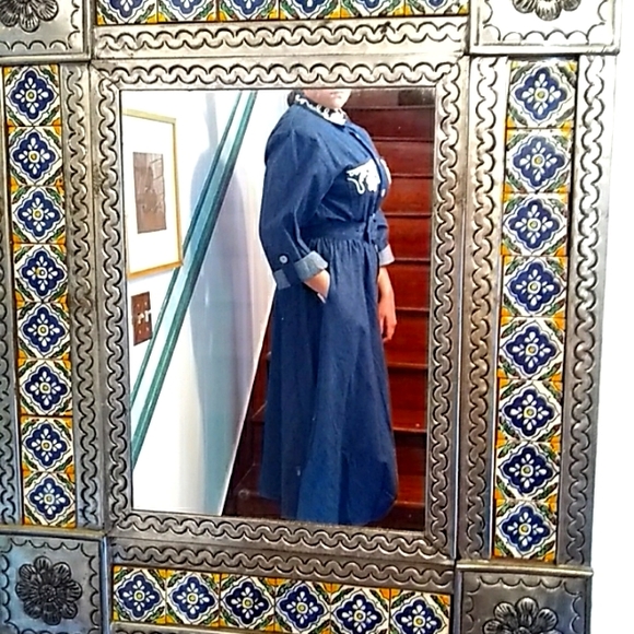 d.Frank blue dress w/ belt and white embroidery - Picture 1 of 4